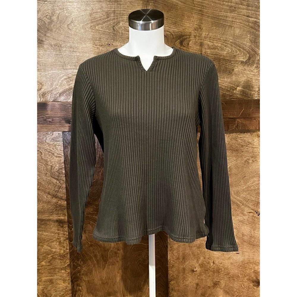 CATO Olive Green Ribbed Long Sleeve Top‎ V Neck Casual T-Shirt